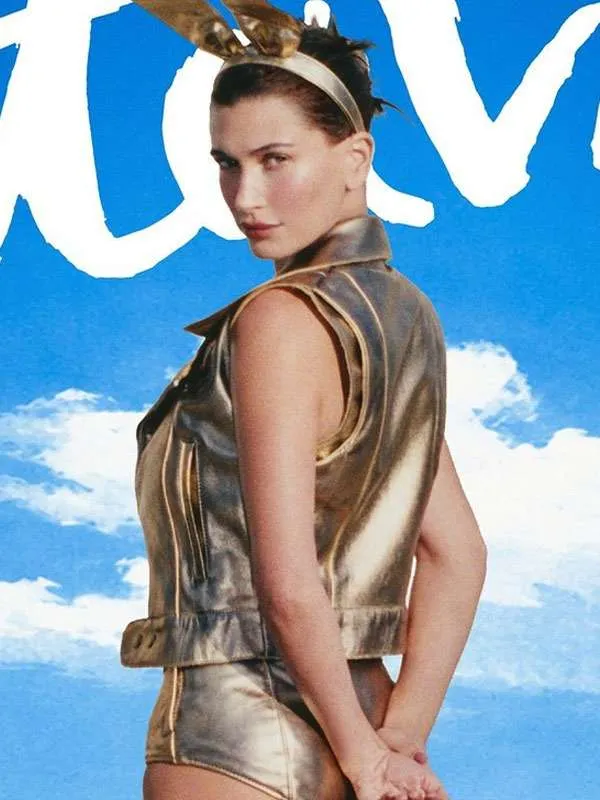Hailey Bieber Metallic Gold Leather Vest