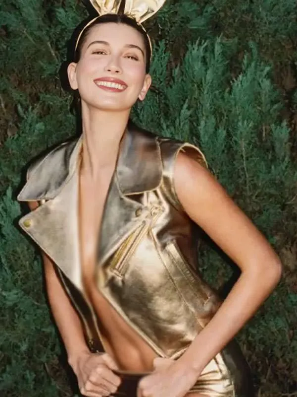 Hailey Bieber Metallic Gold Leather Vest