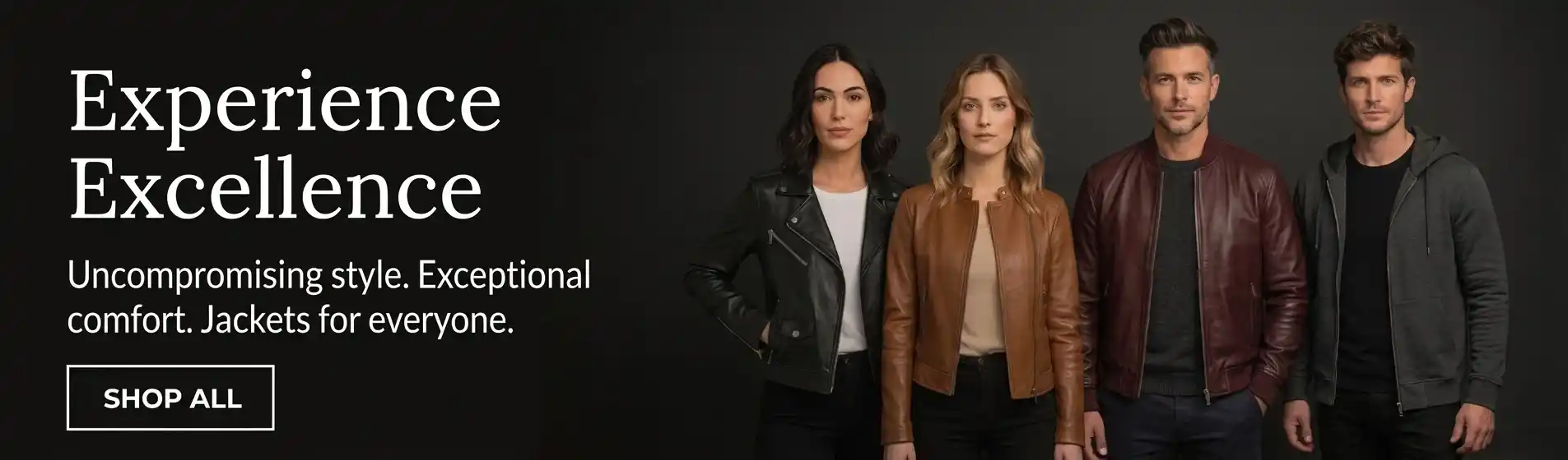 Four people wearing various premium leather and casual jackets including a black biker jacket, tan leather jacket, burgundy bomber, and grey hoodie against a dark background.