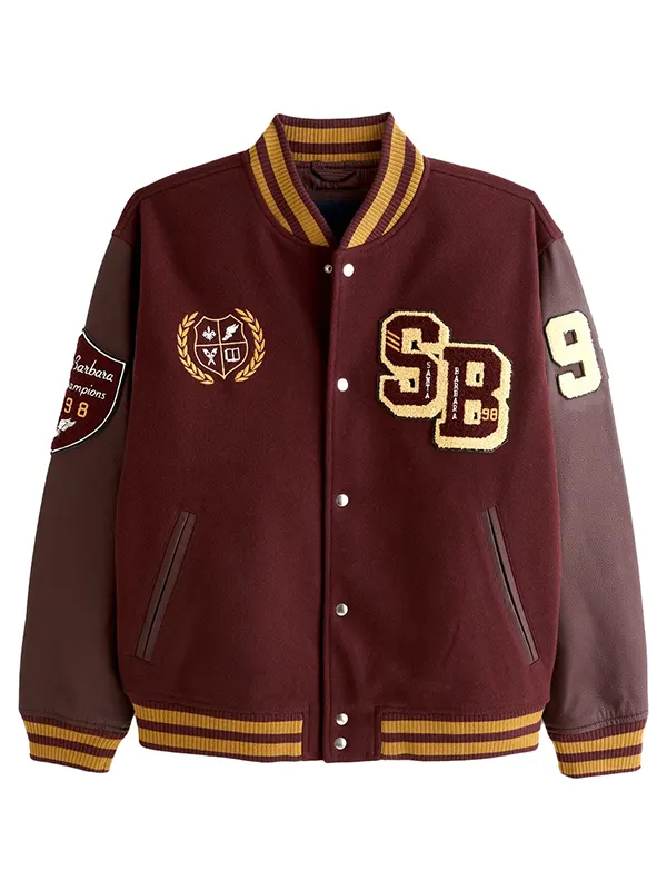 James Burgundy Letterman Bomber Jacket
