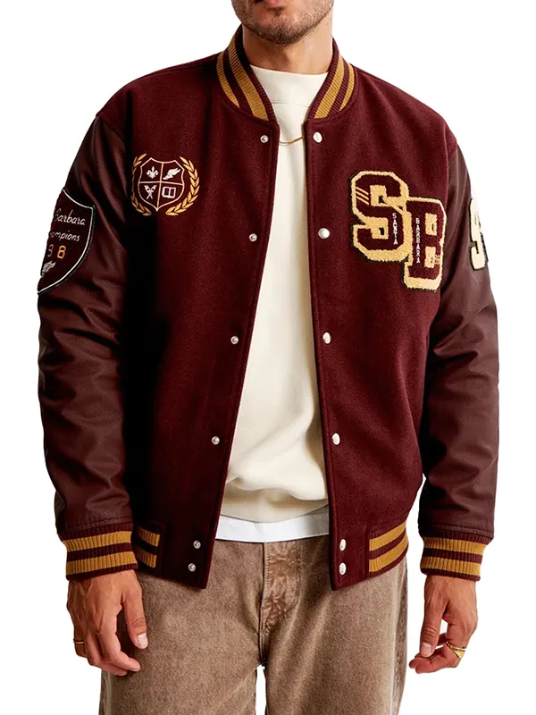 James Burgundy Letterman Bomber Jacket