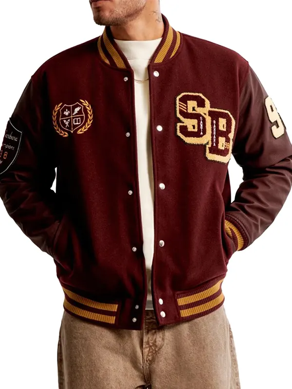 James Burgundy Letterman Bomber Jacket